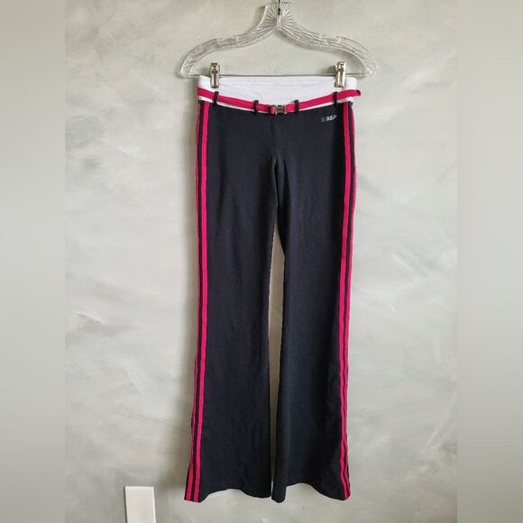 Vintage Y2K Bebe Women's Black Pink Black Leggings Side Stripes Contrast Waist M